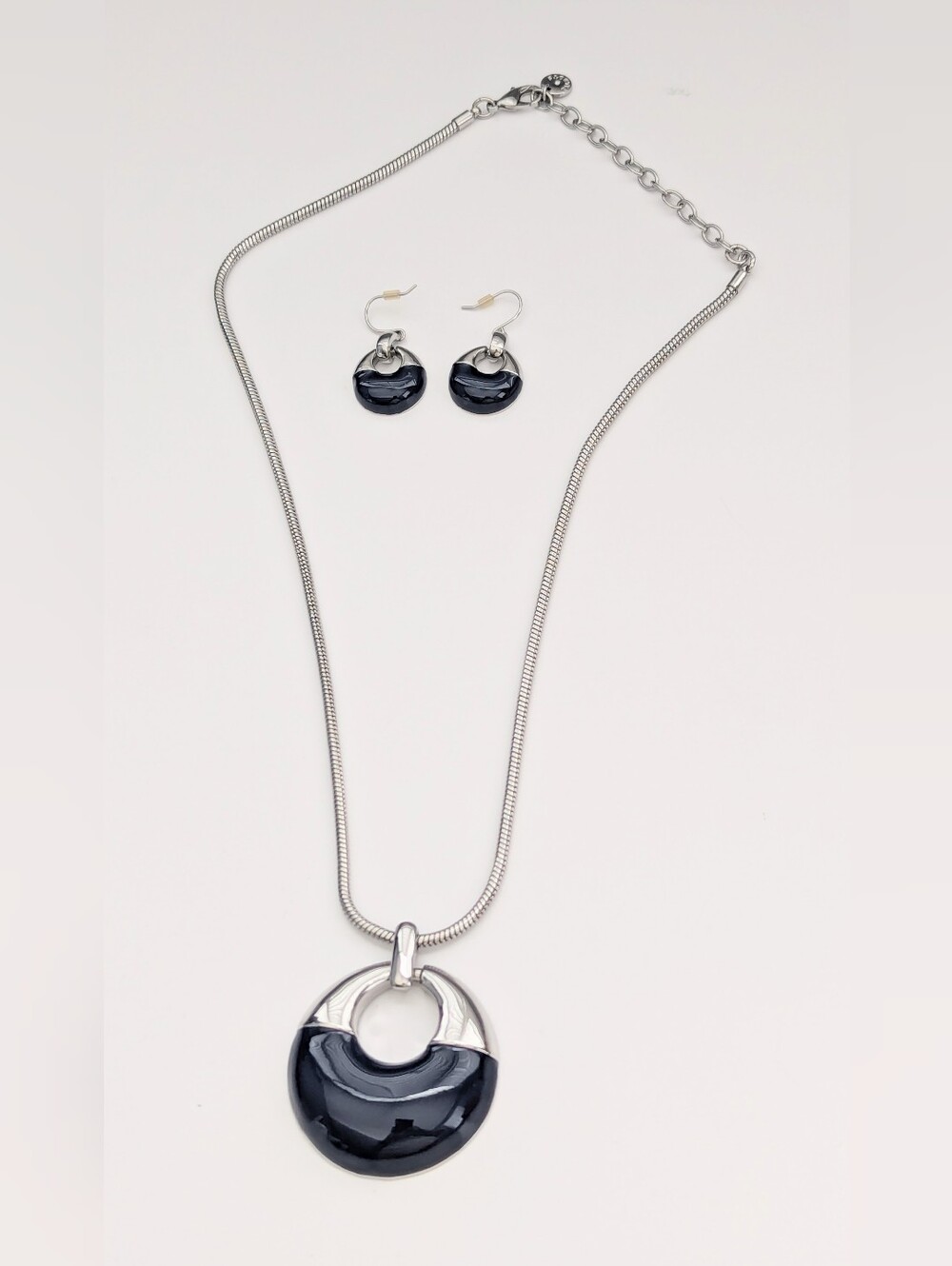 Silver-Tone & Black Set of Necklace & Pierced Earrings
